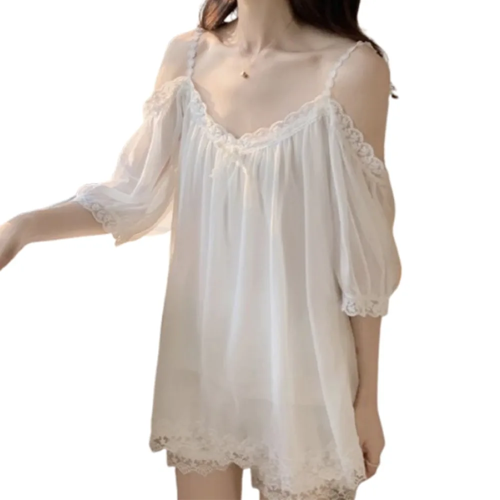 

Soft Women Mesh Pajama Set Off Shoulder Nightwear Suspender Shorts Pajama Suit Hollow Out Two-Piece Suit Women's Sleepwear Sets