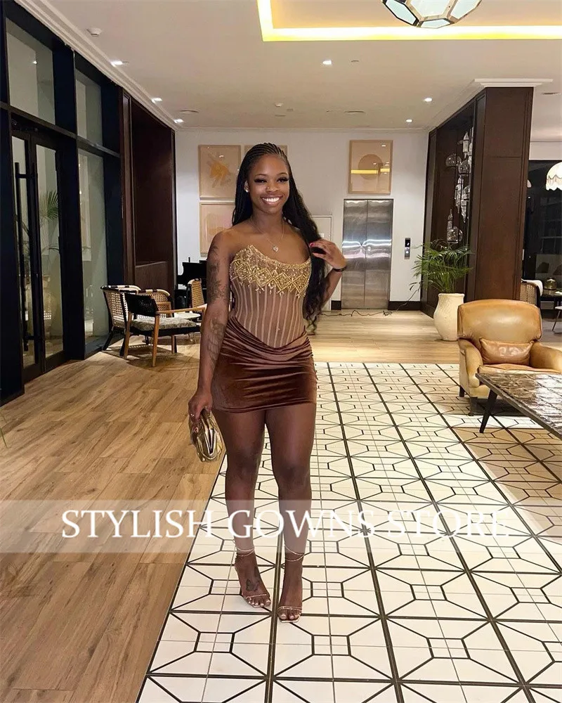 Brown Velvet Strapless Short Prom Dresses for Black Girls Crystal Beaded Birthday Party Dress Illusion Mini Cocktail Customized