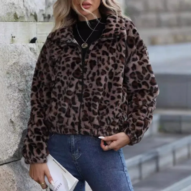 

Leopard Zipper Faux Fur Jacket Short Loose Plush Coats Long Sleeve Lapel Fluffy Jackets Winter Stylish Women's Furry Outerwears