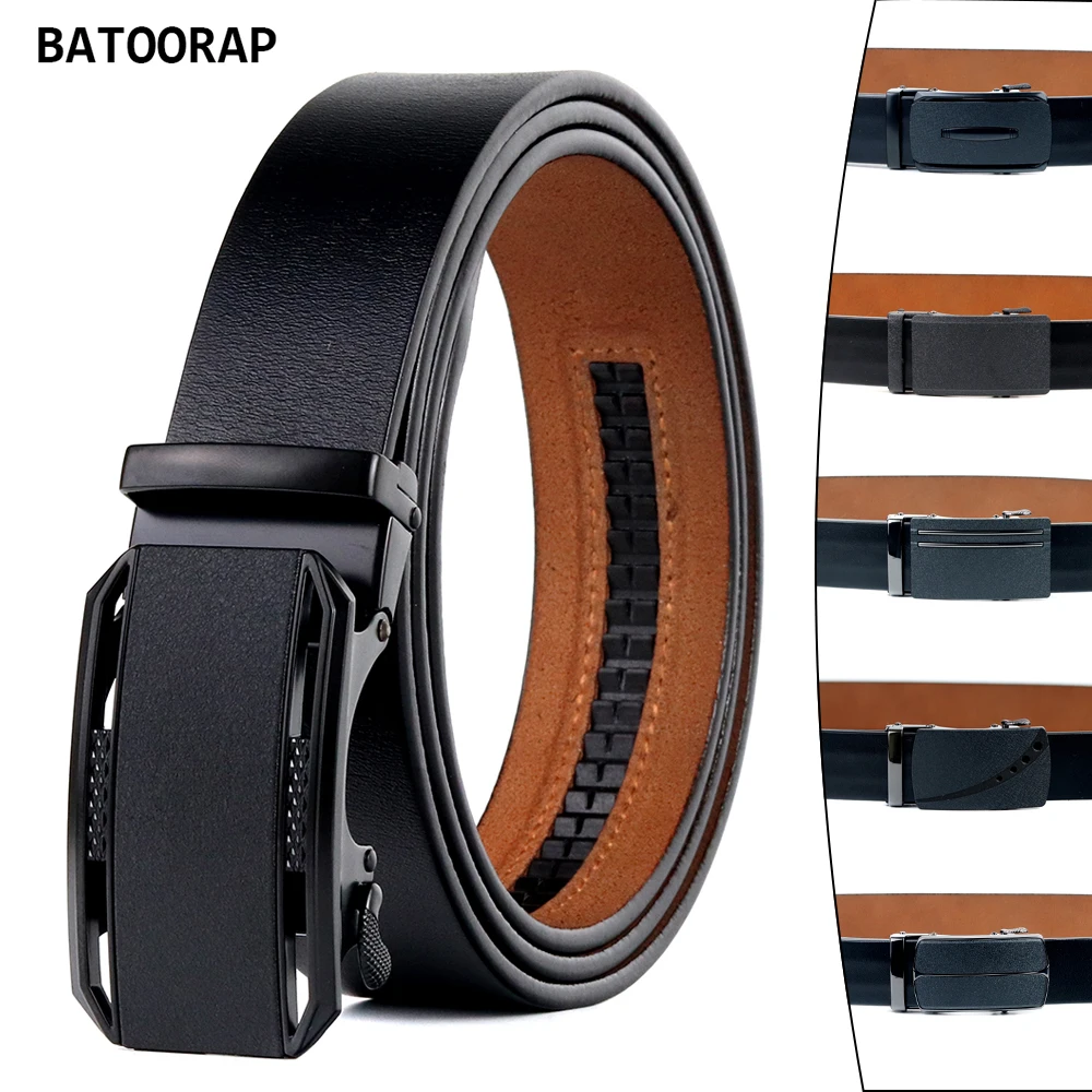 

BATOORAP Belt For Men Genuine Leather Black High Quality Luxury Design Matte Texture Automatic Buckle 110-130cm Multi Style