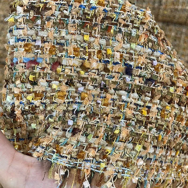 

Khaki Color and Colorful Ribbon Yarn-Dyed Braide Tweed Fabric For Autumn Jacket Dress Suit Coat DIY Cloth Sewing Material