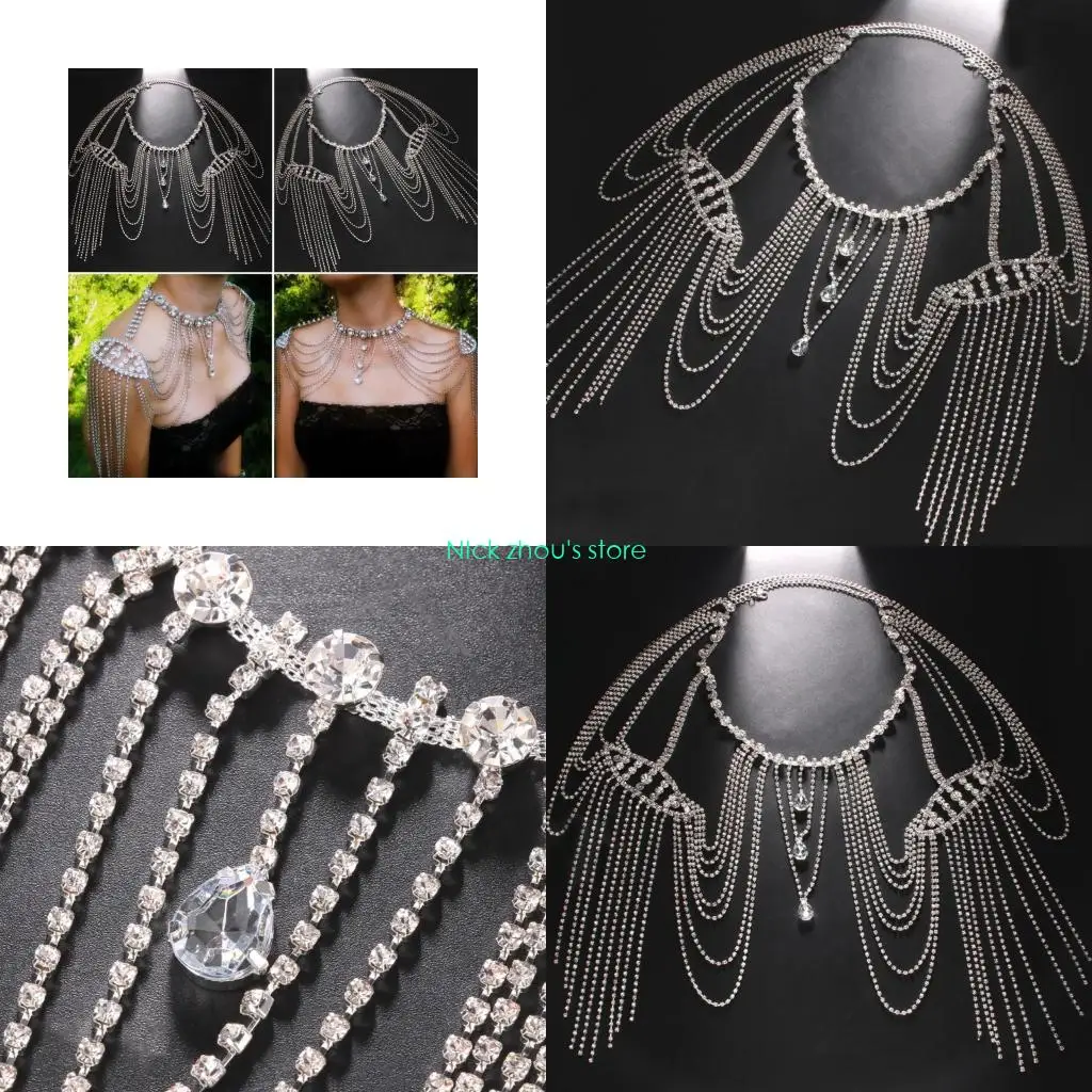 

E15E Women's Punk Metal Shoulder Necklace with Crystals Tassels and Arm Chain