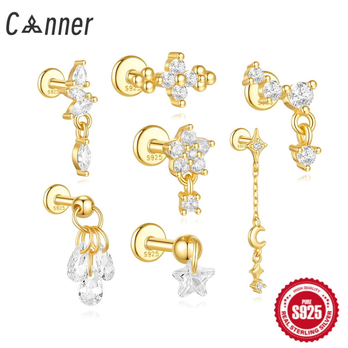 CANNER 1Pc 925 Sterling Silver 18K Gold Plated Four Leaf Clover Puncture Petals Stud Earrings For Women Ins Fine Jewelry Gifts