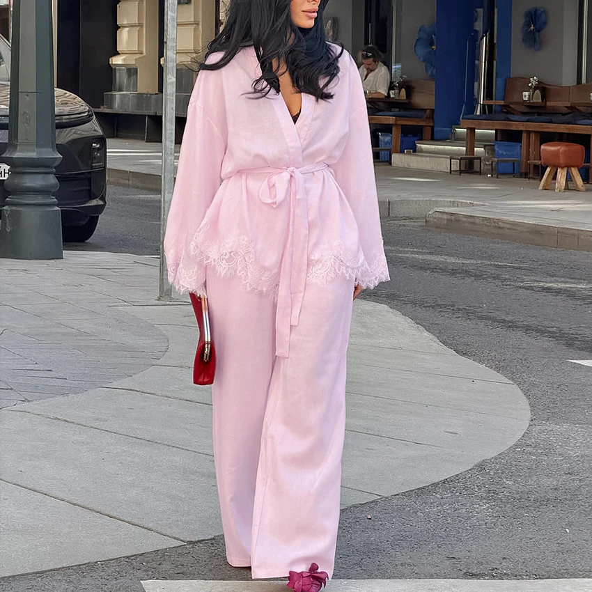 HiLoc Pink Fashion Woven Women'S Pajamas Two-Piece Long Sleeve V-Neck Lace Wrap Lace Short Robe Elastic Waist Full Length Pants