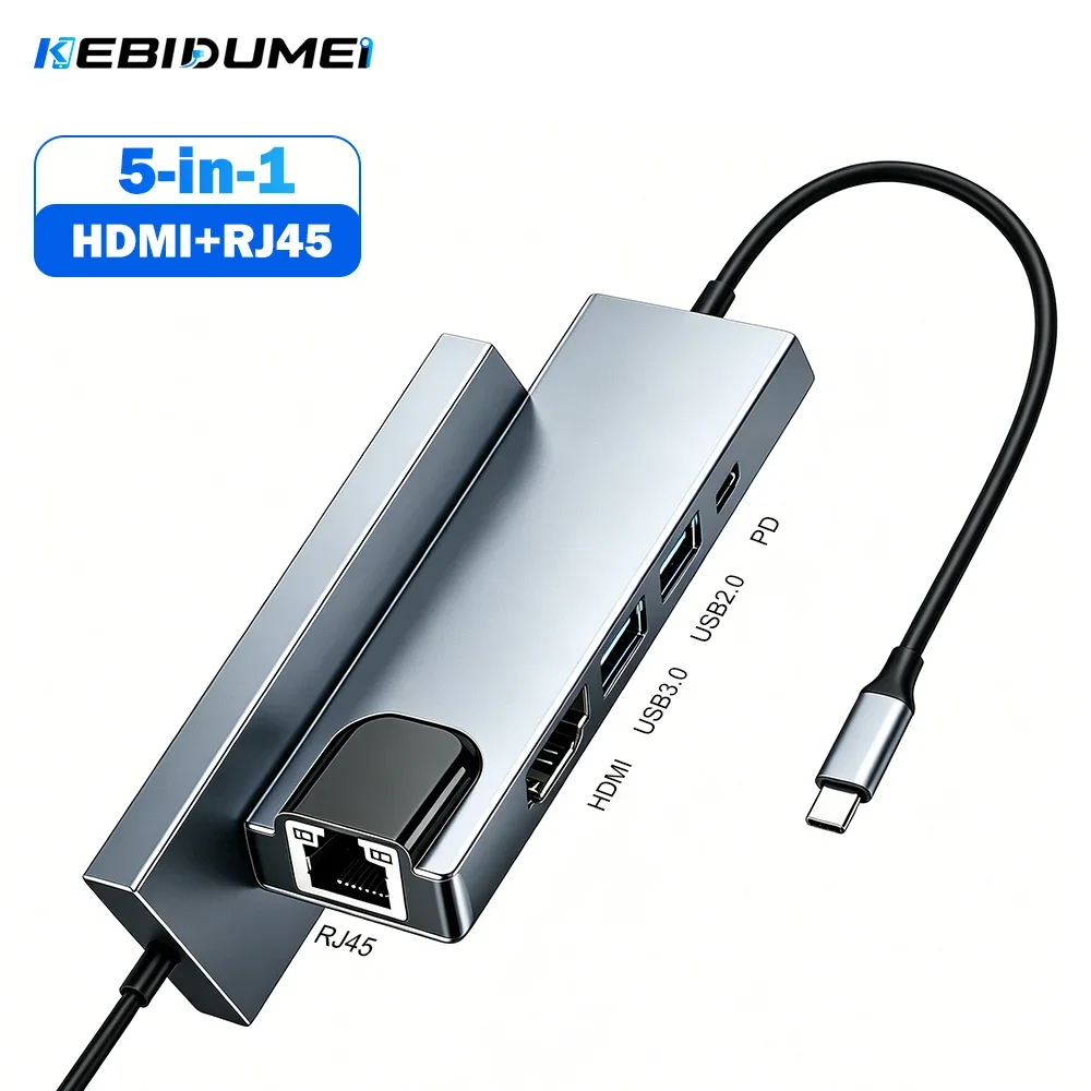 KEBIDUMEI 5 in 1 USB C HUB to 4K30Hz HDMI RJ45 PD100W USB3.0 5Gbps Splitter for PC MacBook Laptop Accessories Docking Station