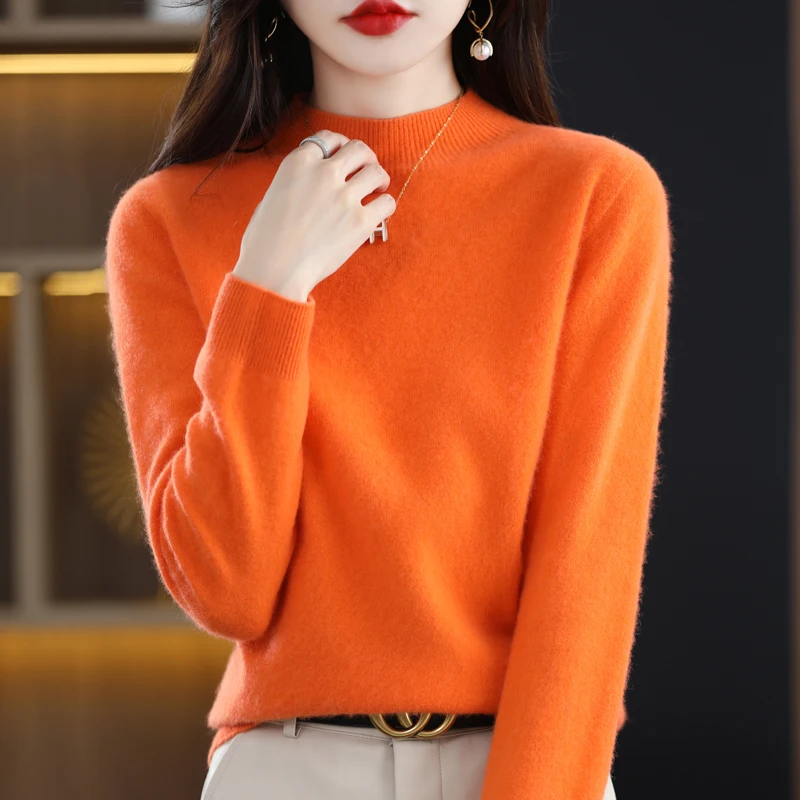 Autumn And Winter Women\'s Pullover 100% Pure Wool Seamless Ready-To-Wear Semi-High Collar Skin-Friendly Fashion Knitted Sweater