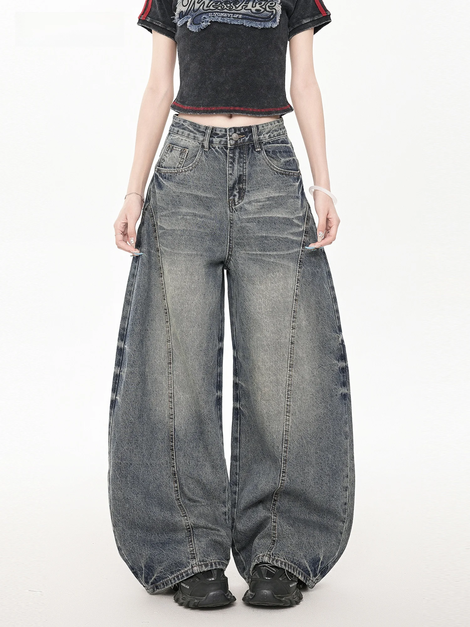 

Blue Washed Curved Knife Jeans Women's Summer New High Street Slim Wide Leg Loose Casual Style Natural Waist Denim Pants