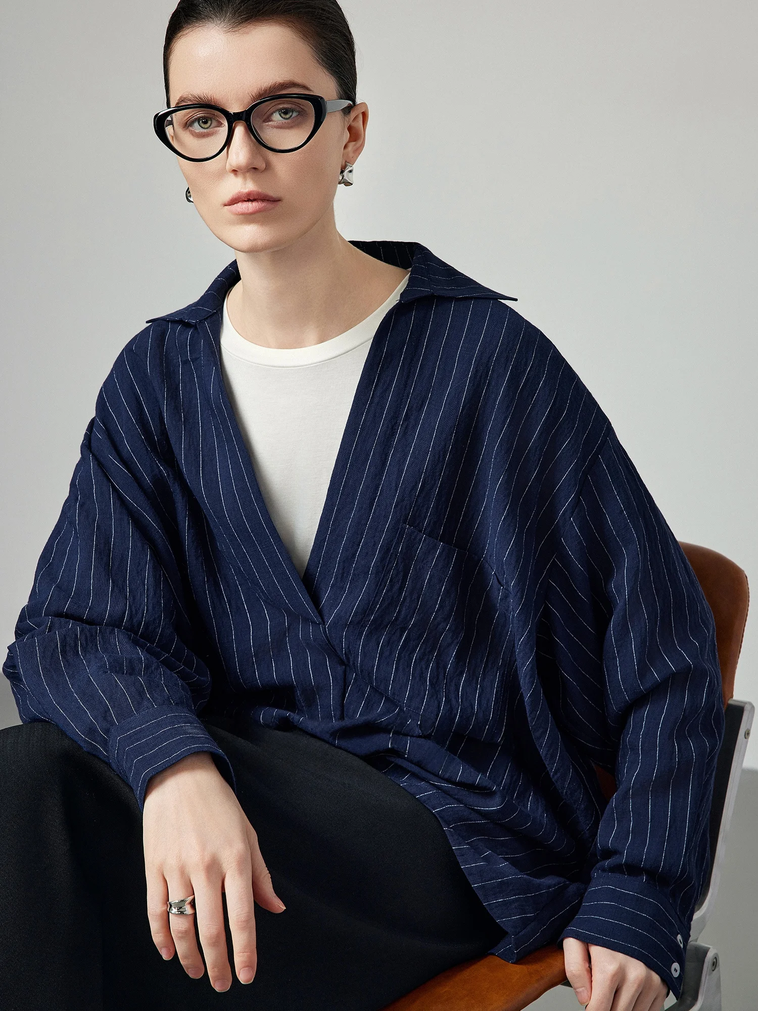 

Chivirin Original Henry Sle f Open irt Women's Design Striped Casual irt Loose Fit Spring Summer New Arrival