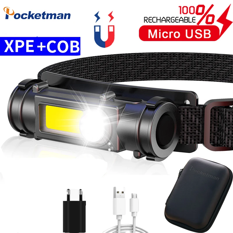 

Mini Portable Bright Headlamp with XPE+COB Magnetic Flashlight Usb Rechargeable Head Torch Waterproof Stepless Dimming Headlight