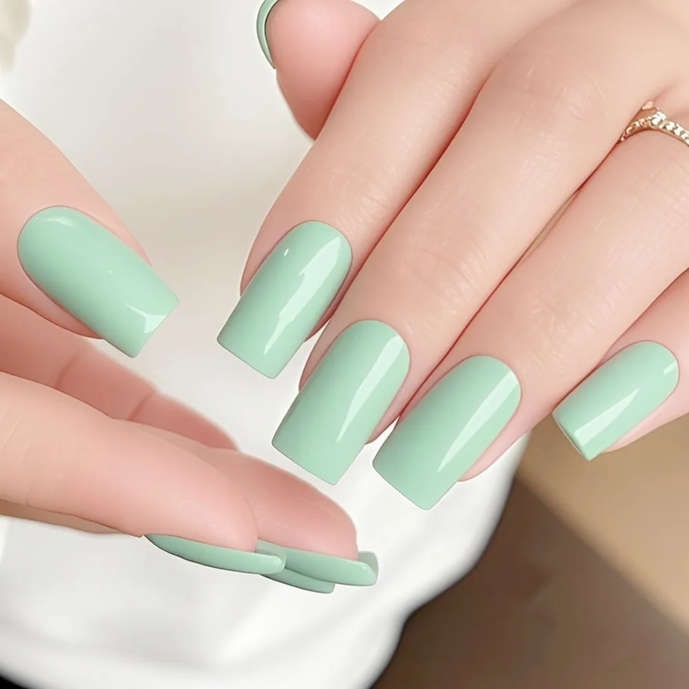 40Pcs Macaroon Green Long Fake Nails With Glue Press On Acrylic False Nails DIY Full Cover Finger Tips Manicure Tool