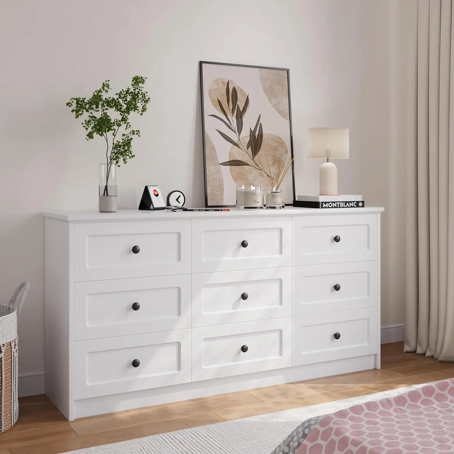 63in White 9-Drawer Tall Dresser Deep Wood Chest Handles Bedroom Living Room Hallway TV Stand Organizer, Customized