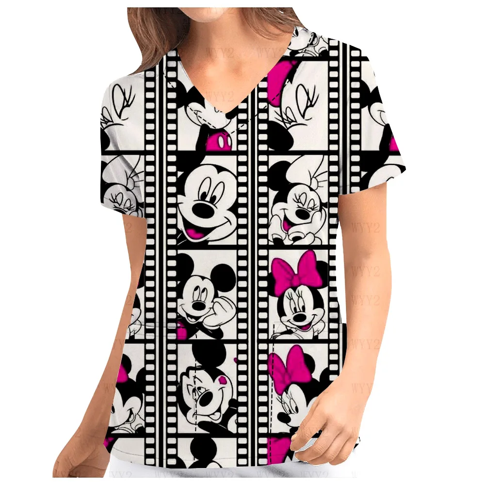 2025 Women's V-Neck Print Scrub Top Mickey Minnie Print Beauty Salon Uniform Medical Top Hospital Nurse Laboratory Uniform