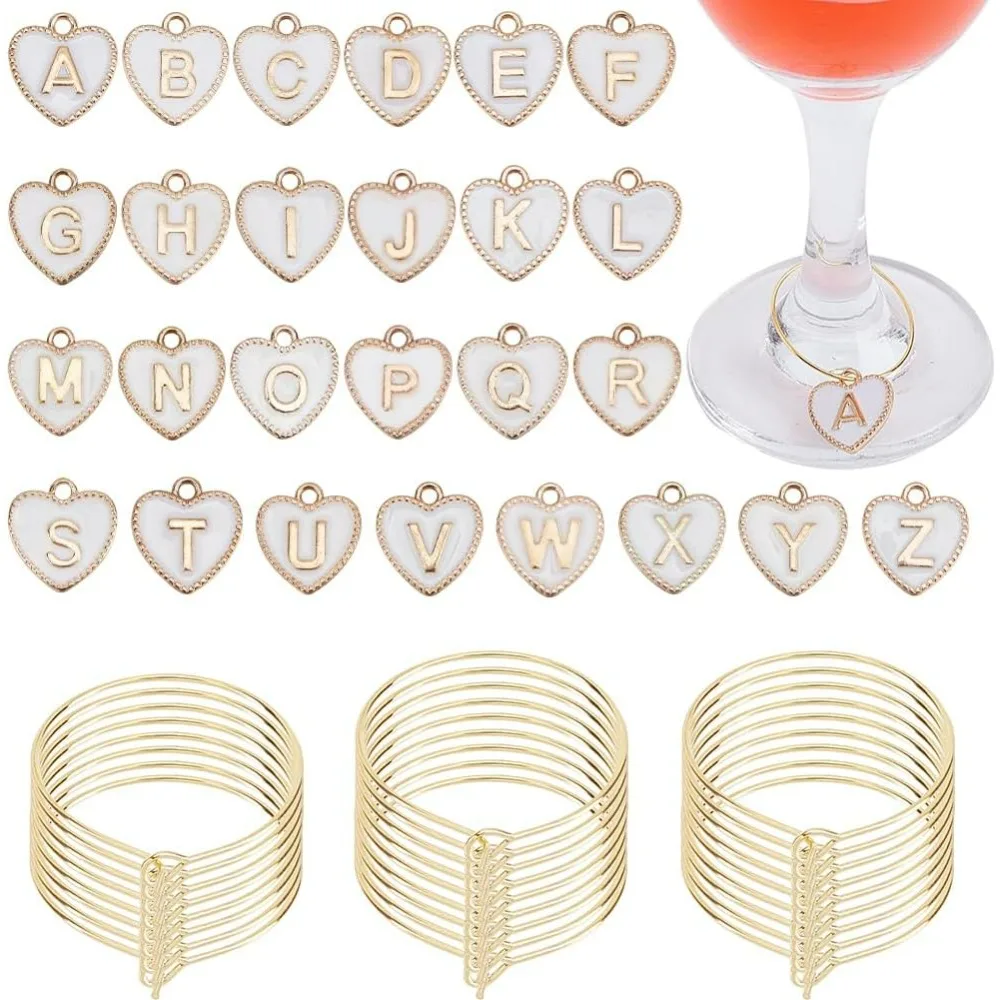 26 Sets Wine Charms for Stem Glasses Cup Tags with Rings Heart Enamel Charms Letters Glass Charm Goblet Drink Markers making kit