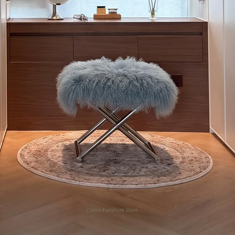 Modern Minimalist Plush Vanity Stool for Bedroom, Versatile Shoe Bench & Makeup Seat with High-end Feel