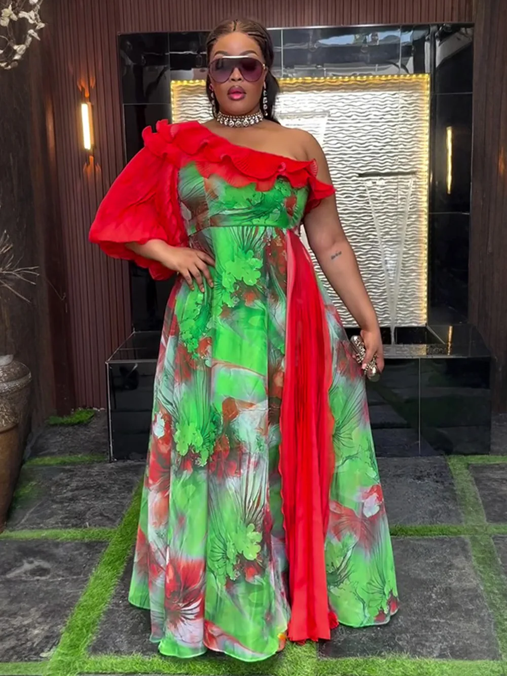 Szyfonowe Długie Sukienki Damskie na Imprezę Bal Urodziny Wieczorowe Suknie Afrykańskie Dashiki Wzorzyste Stroje Sukienka Maxi na Jedno Ramię Odzież