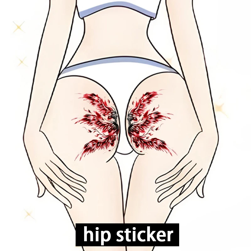 Black and Red Feathered Hip and Abdomen Sexy Pattern Temporary Stickers, Waterproof and Sweatproof, Realistic Color Tattoo