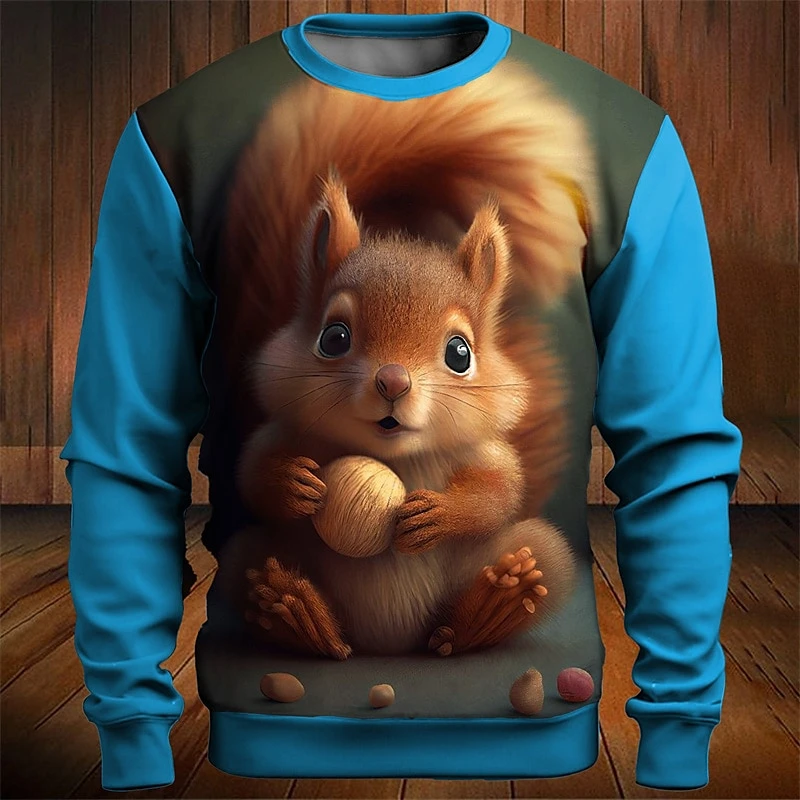 Cute Squirrel pattern 3D Printed Men's T-shirt Fashion Long Sleeve Hoodie Casual O-Neck Loose Mens Top Autumn Christmas Clothing