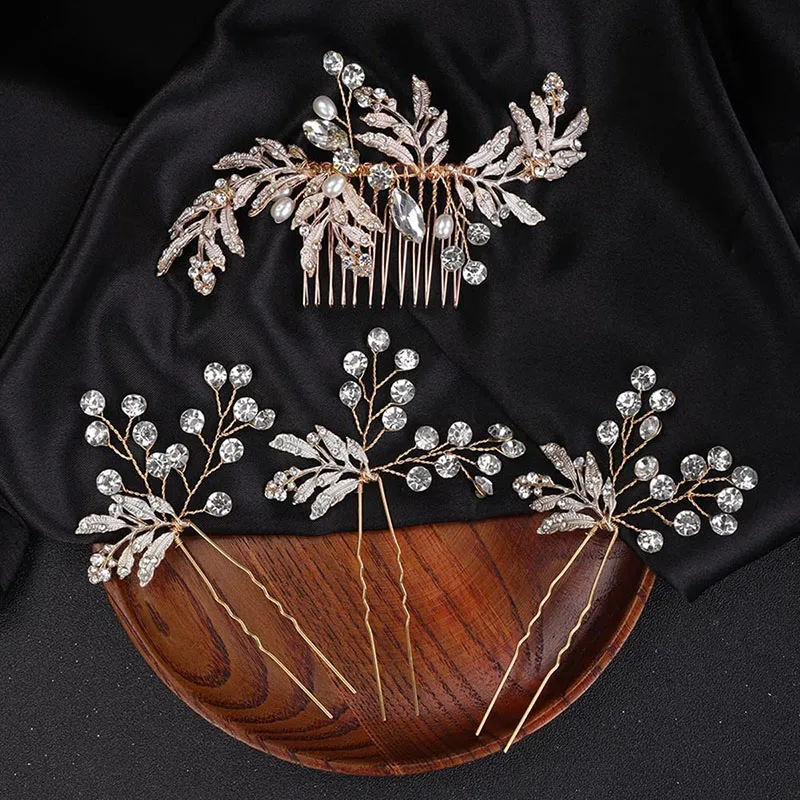 

Floralbride Handmade Alloy Leaf Rhinestones Crystal Bridal Hair Comb Hair Pin Set Wedding Headpieces Women Hair Accessories