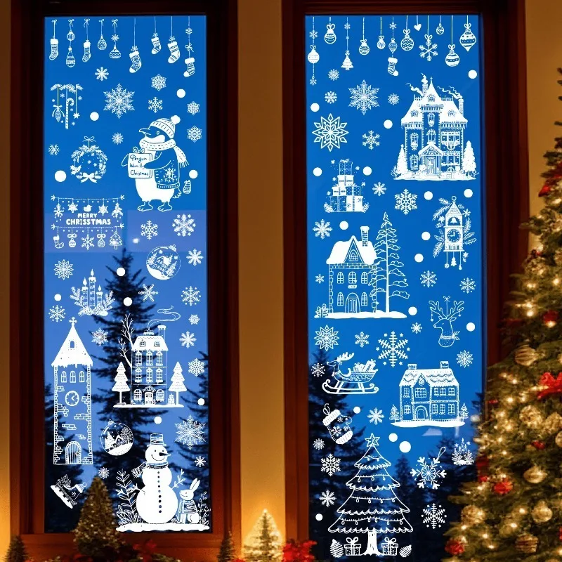 9 أوراق/مجموعة من ملصقات النوافذ الثابتة الجديدة لعيد الميلاد - ندفة الثلج البلورية القابلة للفصل وتصميم الرنة