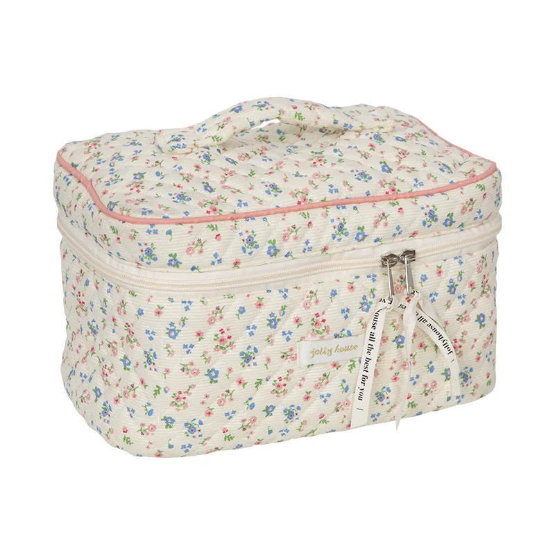 floral print cotton soft puffy padded travel    quilted  makeup kit  pouch for essential