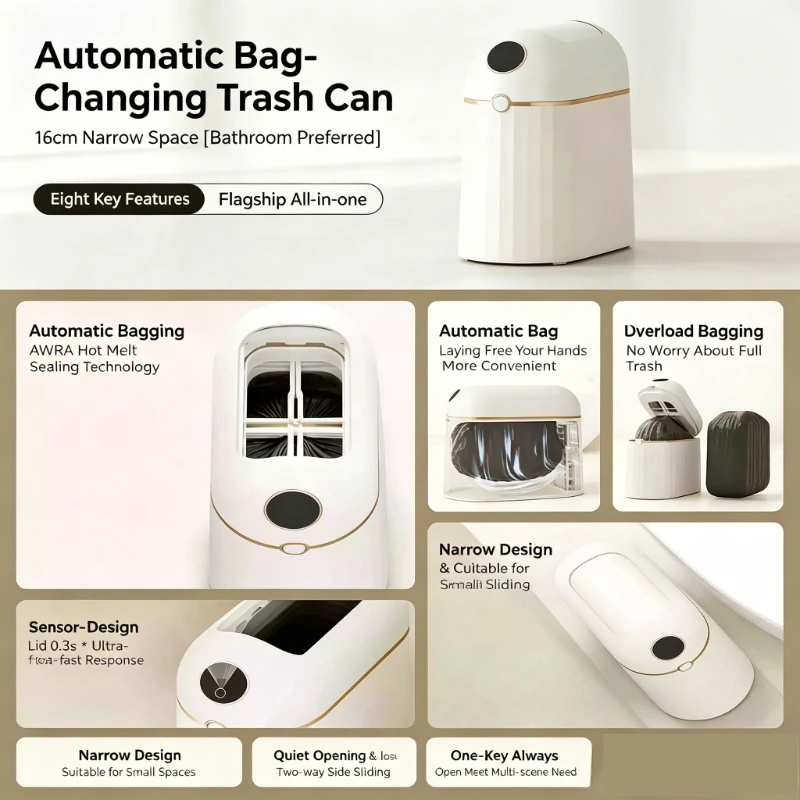 

Smart Sensor Automatic Bagging Bin Automatic Packing Trash Can Garbage Cans for Kitchens 10 Liters Home Induction Wastebasket