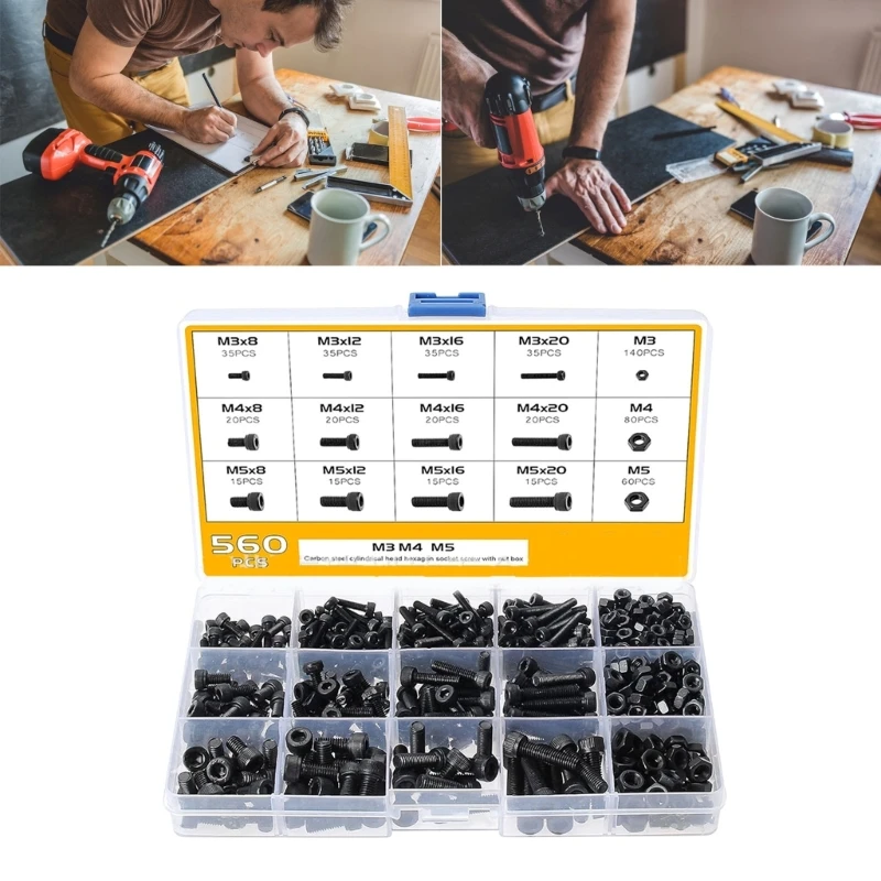560pcs 3,4,5mm Sekrup Mesin Karbon Sekrup Nut Hardware Assortment Set