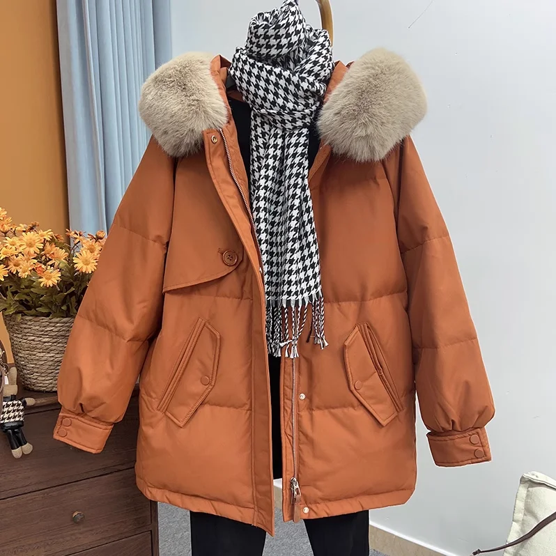 2025 Winter New Women's Down Jacket Loose Hooded Commuter Big Wool Collar Jacket