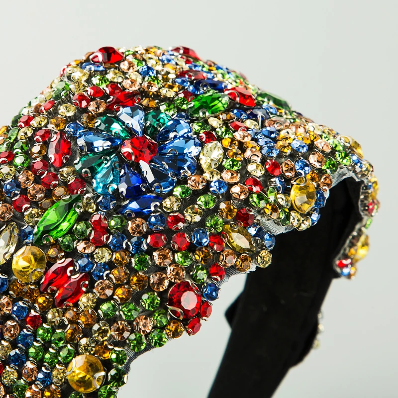 New Oversized and Exaggerated Starry Colorful Rhinestones With Wide Brimmed Hair Bands and Mesh Red Fabric Personalized Headwear