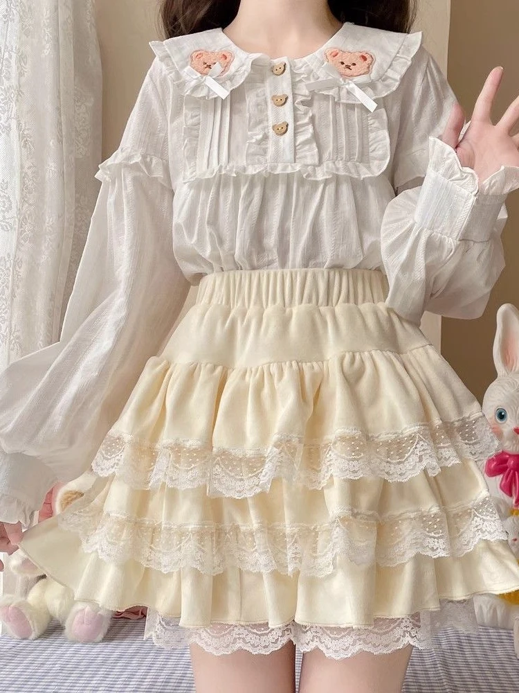 Koronkowe spódnice z ciastami damskie Patchwork Sweet Temper Midi zaprojektowane moda luźna casualowe w stylu Streetwear Faldas japoński Harajuku Kawaii Ins