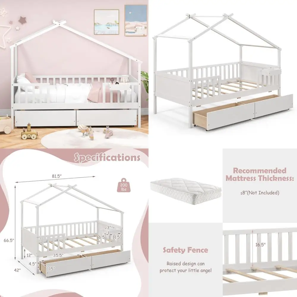 

White Twin Bed with Storage, Desk & Rails, Suitable for Kids, Living Room, No Box Spring Needed
