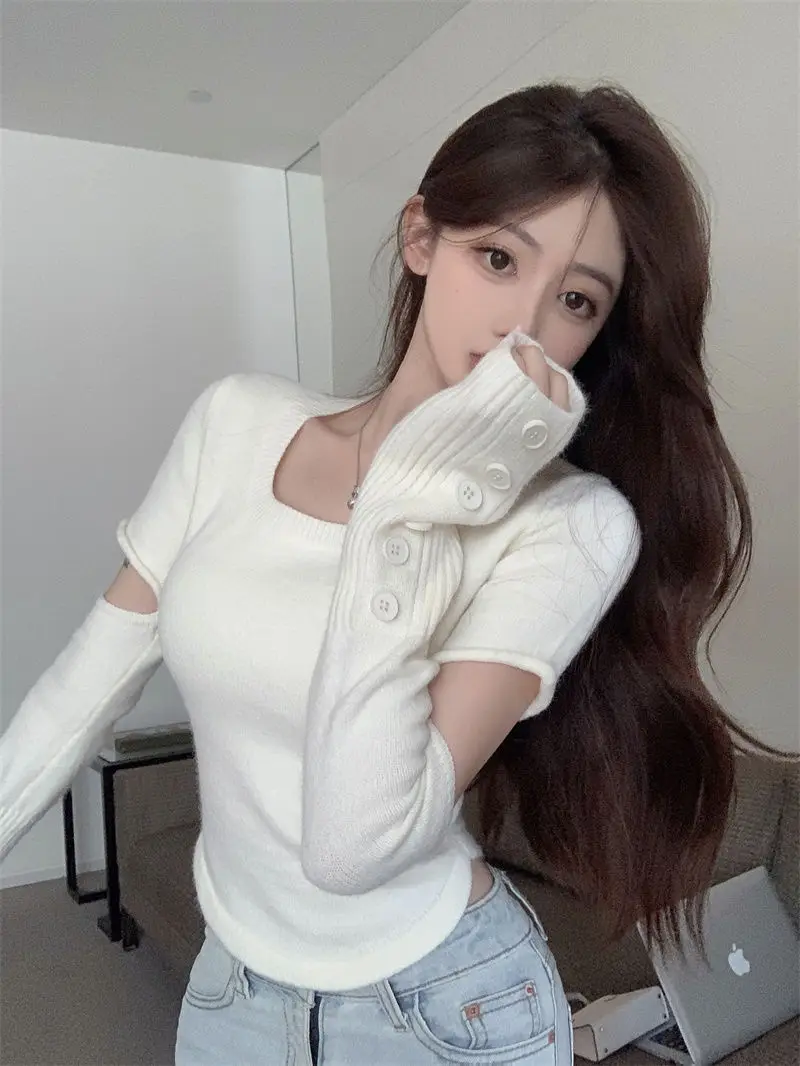 Cropped Pullovers Women Y2k Knitwear Ins Slim Autumn New Fashion Cuff Vintage Square Collar Sexy Girls Long Sleeve Clothes Pulls