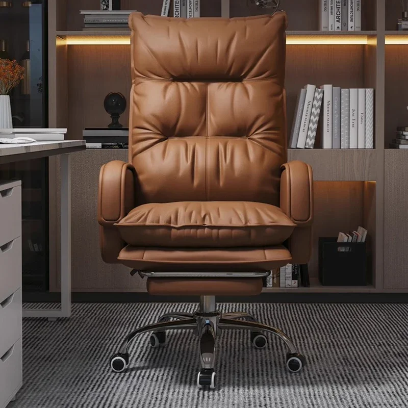 Leather Office Chair Luxury Lumbar Back Support Boss Elastic Metal Frame Legs Office Chair Bedroom Modern Cadeira Home Furniture