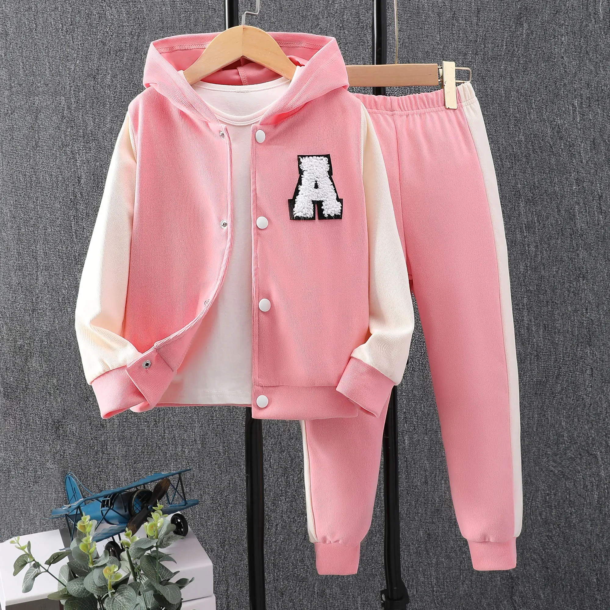 Children\'s Clothing Set 2024 Spring Girl 2-8yrs Long Sleeve Hooded Plaid Boy Suit Winter Overcoat 2 Pcs Children Suit