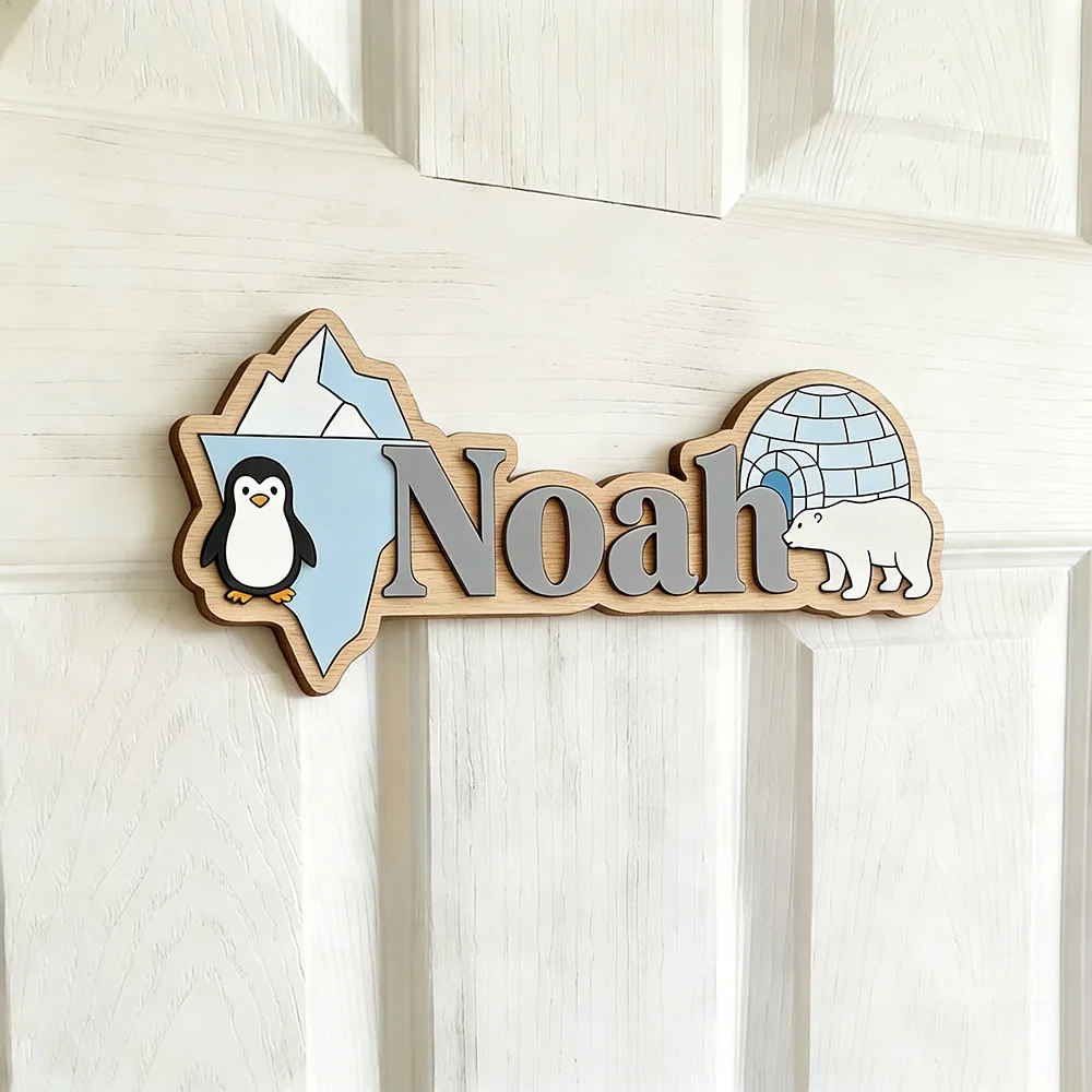 Arctic Penguin & Polar Bear Custom Name Sign Ice Cave Nursery Wall Art Personalized Wooden Plaque for Kids Room - view 5