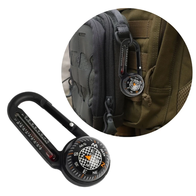 Mini Compass Carabiner Clip Convenient Outdoor Survival Tool with Built in Thermometer Pocket-Sized Waterproof keychain Y08E