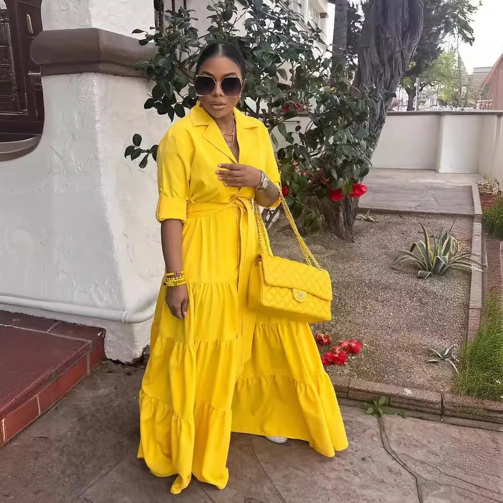 

Women Long Dress Pleated Dresses V Neck Loose Y2k Half Sleeve A Line Single Breasted Casual Elegant Belted Summer Vestidos