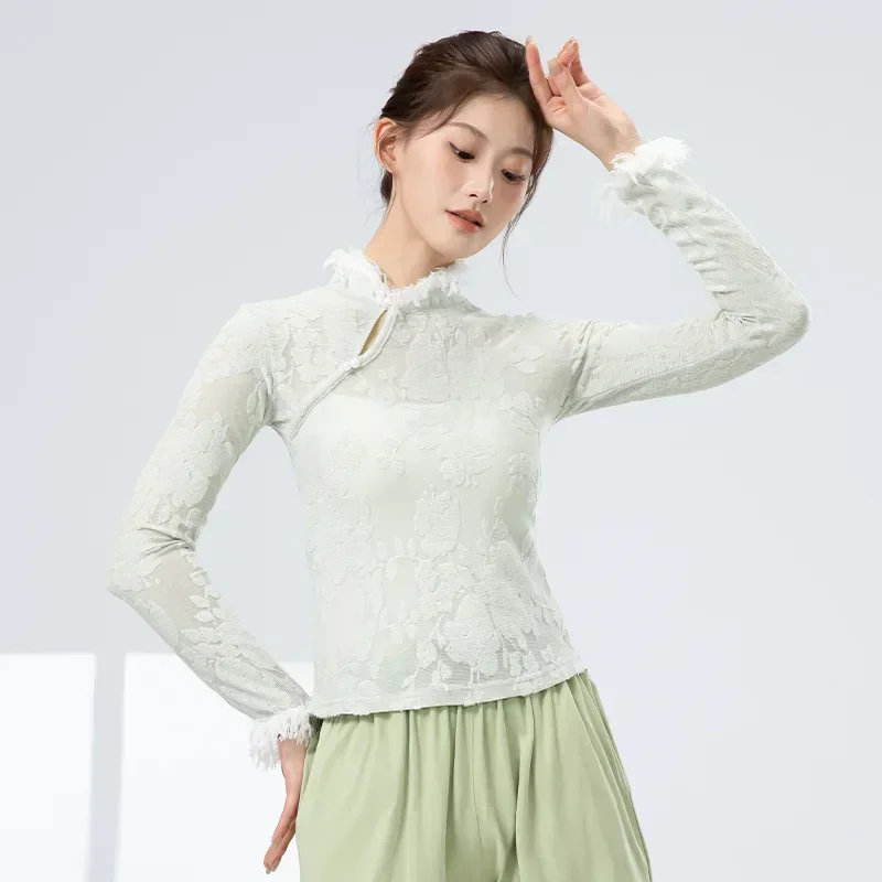 New Chinese classical dance clothes stand-up collar lace relief pattern high-end feeling base inner performance practice  top