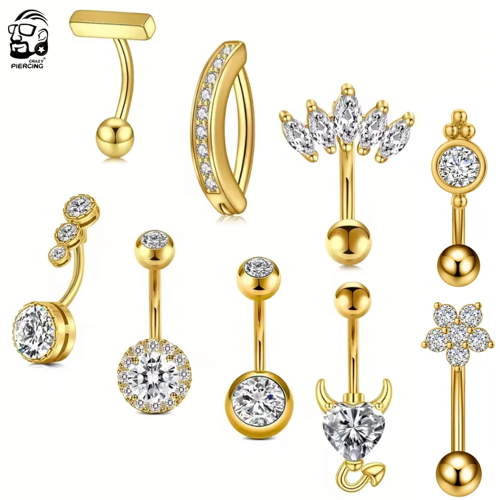 1 Piece Golden Zircon Reversed Barbell Flower Belly Button Ring 1.6*10mm Length Curved Navel Piercing Nombril Belly Ring Jewelry