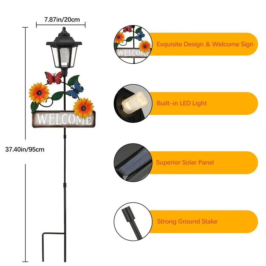 

Солнечные садовые фонари-бабочки, 37,4-дюймовый солнечный светильник с приветственным знаком, усилитель-бабочками, уличный водонепроницаемый солнечный кол