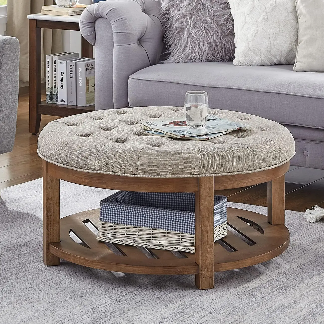 Large Round Upholstered Tufted Linen Ottoman Coffee Table, Large Footrest Ottoman With Wood Shelf Storage-Iinen