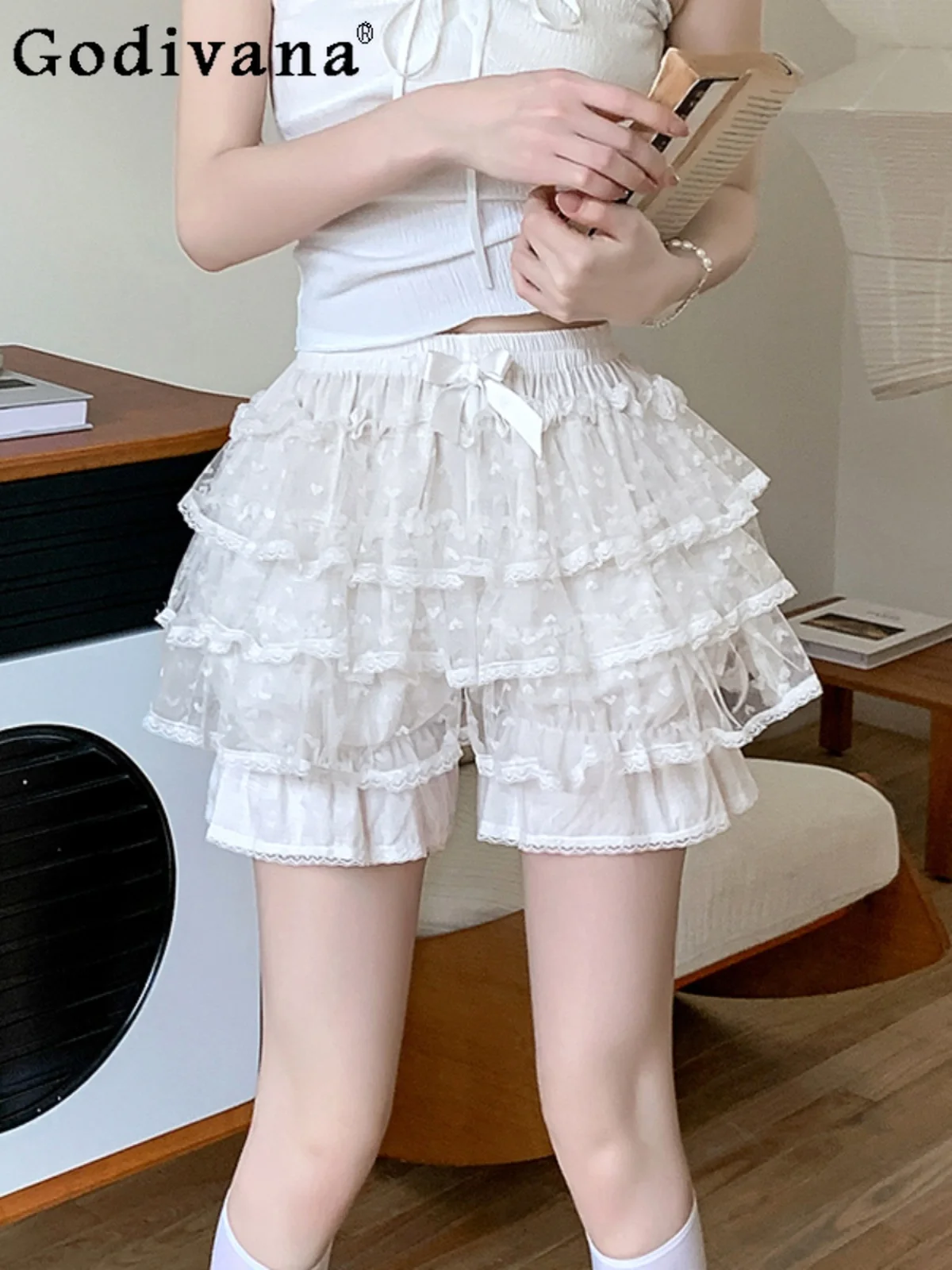 Summer New Fashion JK Lace Bow Ruffles Edge Pumpkin Pants Girly Sweet Y2k Lolita Cake Puffy Leggings Women Safety Short Pants