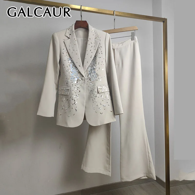 

GALCAUR White Spliced Diamond Female Two Piece Set Jacket Lapel Long Sleeve High Waist Slimming Casual Women's Trousers Sets New