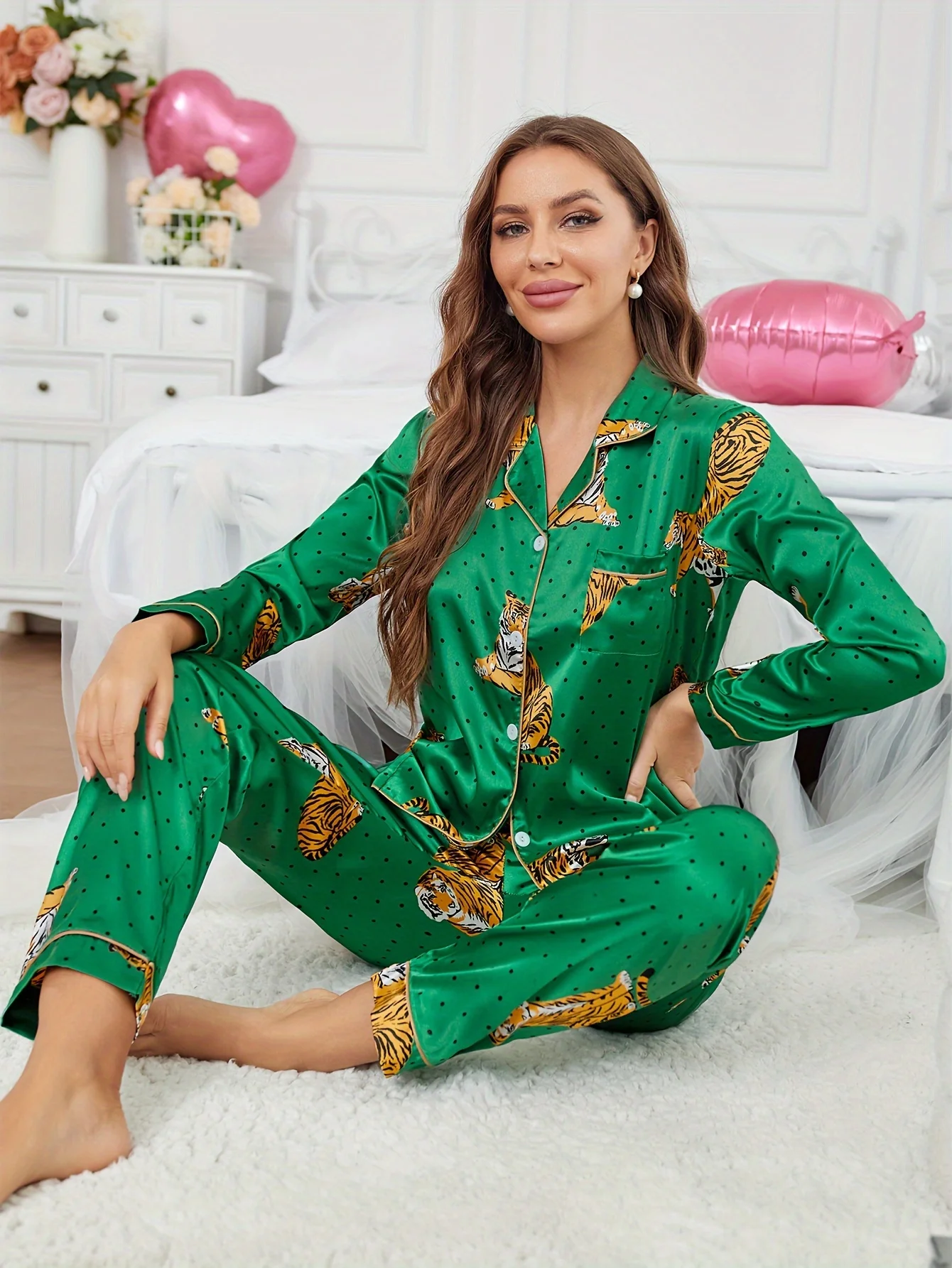 Elegant Tiger Print Pajama Set for Women - Long Sleeve Button-Up Top & Pants, Cozy Polyester Blend, Machine Washable