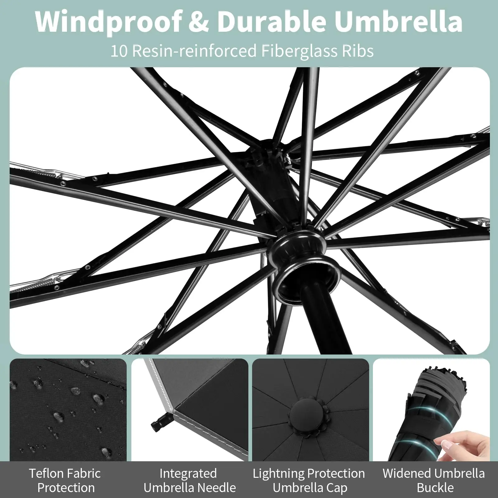 10 Ribs Inverted Automatic Umbrella for Rain Windproof Umbrella with Reflective Strip Fold Sun Compact UV Umbrella for Women Men