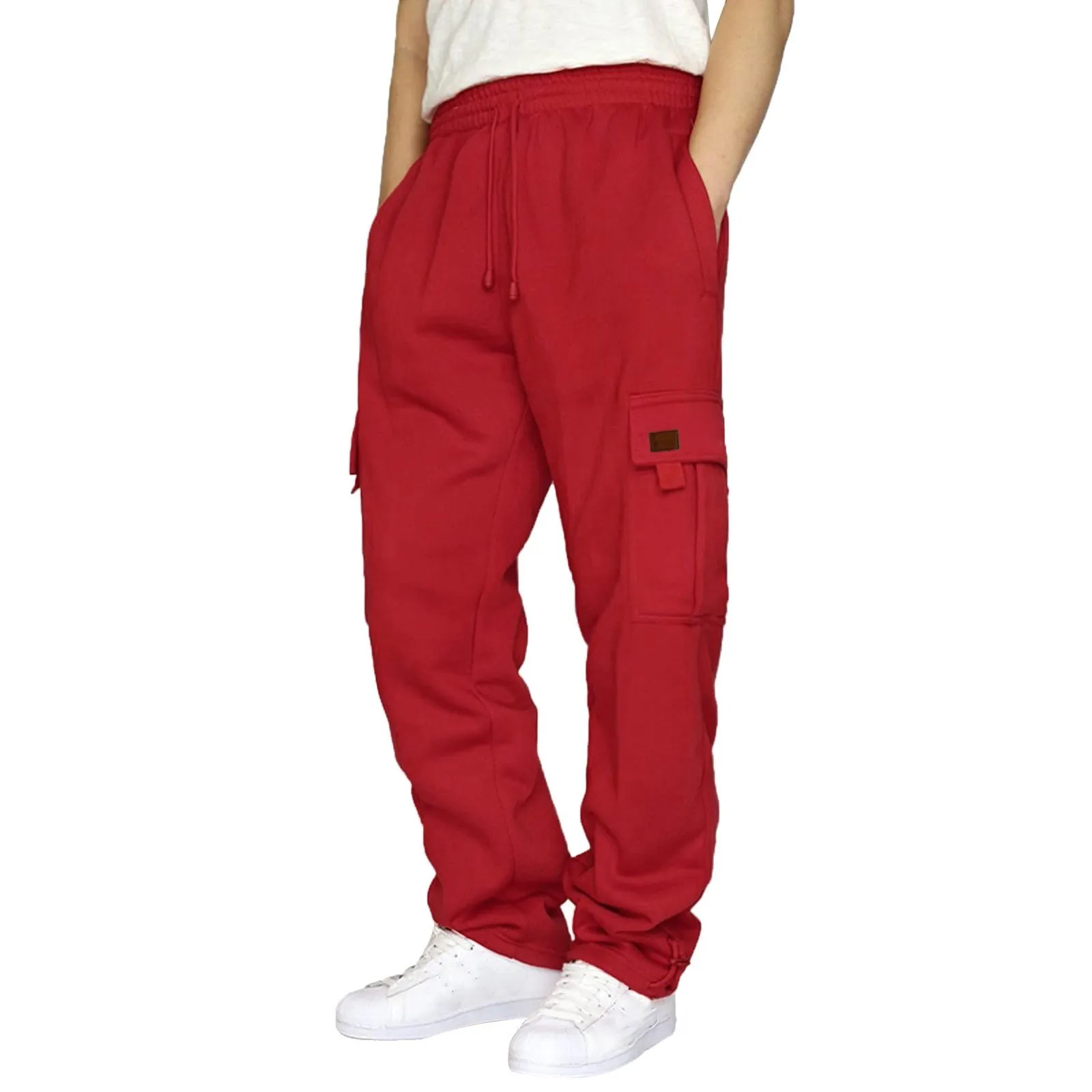 Men\'s Fleece Pants Red Loose Drawstring Sweatpants with Pockets Sports Straight Trousers Jogging Long Pants Hip Hop Streetwear