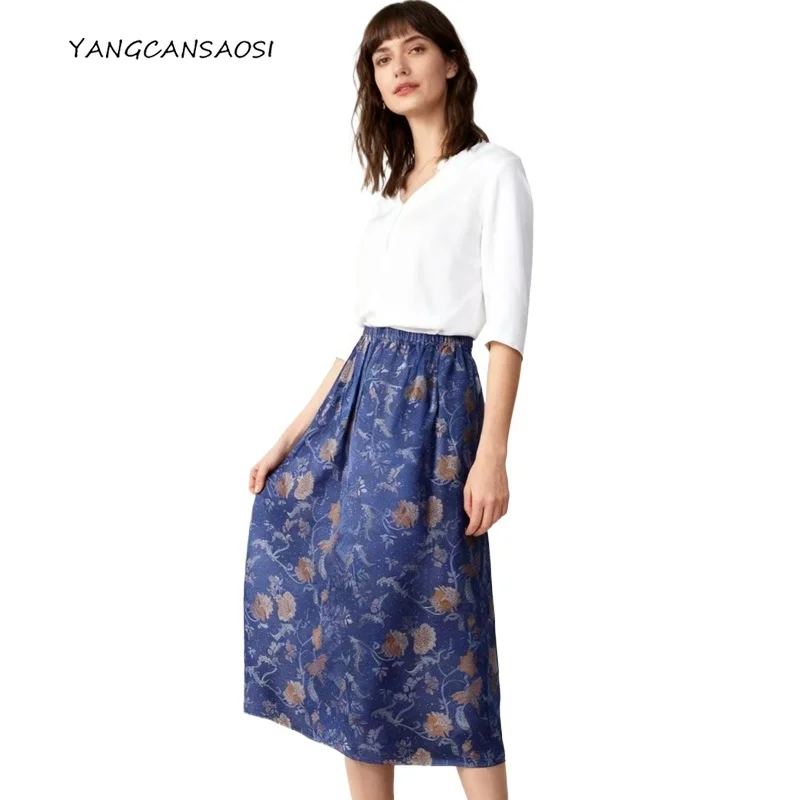 

2025 Women's Fashion Autumn New 100% Natural Mulberry Silk Song Brocade New Chinese Style Tibetan Blue Pomegranate Flower Skirt