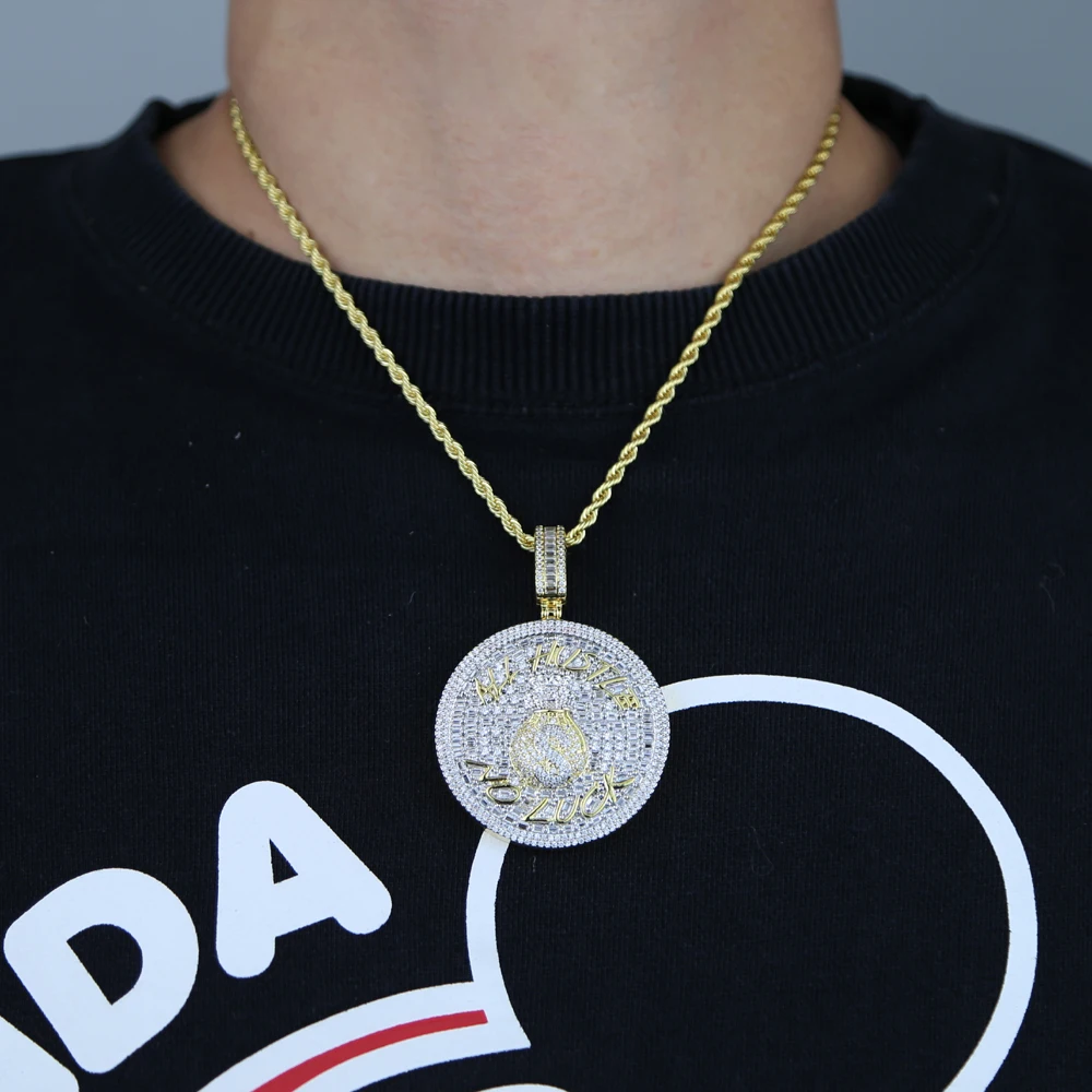Iced Out Bling 5A CZ Cubic Zircon Round Custom Letter Pendant Money Bag Dollar Symbol Charm Necklace For Men Boy Hip Hop Jewelry
