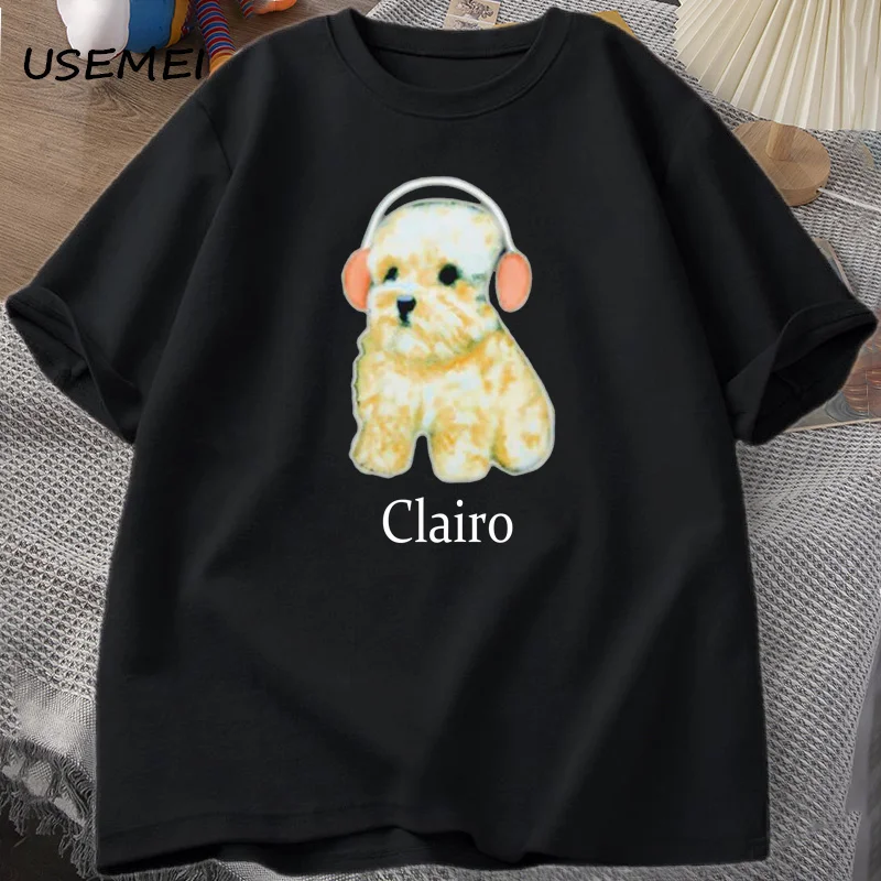 Clairo Dog Puppy Headphones T-Shirt Funny Cute Cat Tee Merch Y2k Men's Clothing Oversized Harajuku Mens Printed Cotton Tee Shirt