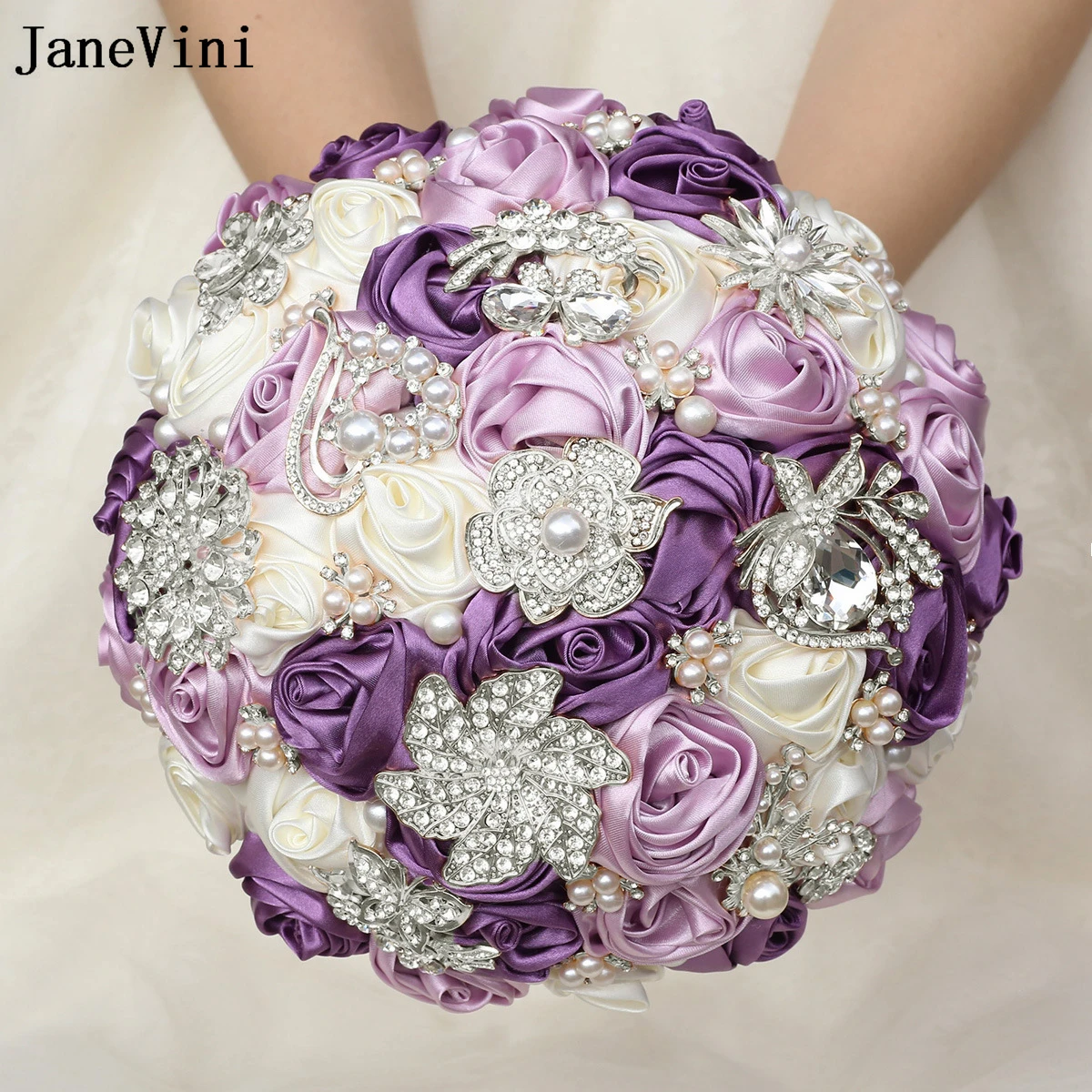 JanrVini Customized Light Purple Wedding Bouquets Luxury Sliver Crystals Artificial Satin Roses Bride Bridesmaid Holding Flowers