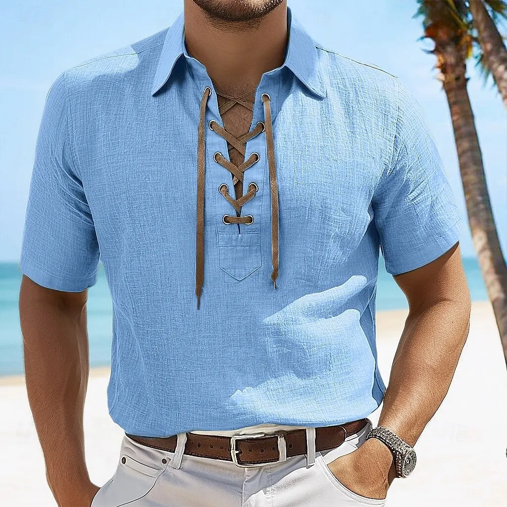 Summer Vintage Drawstring Casual Shirts Turn-Down Collar Short Sleeve Pull On Cotton Linen Shirt Man Solid Breathable Beach Tops